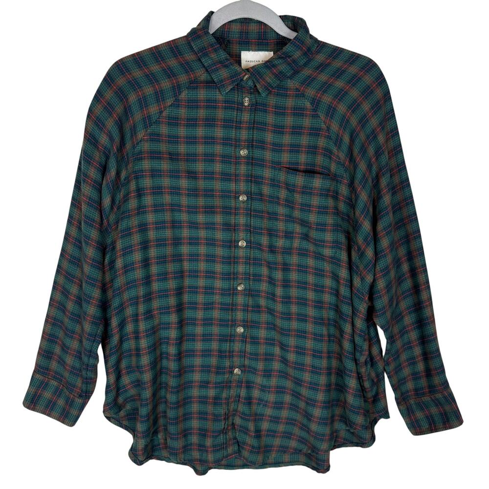 American Eagle‎ Outfitters Oversized Plaid Shirt Womens XS Green Raglan Sleeve